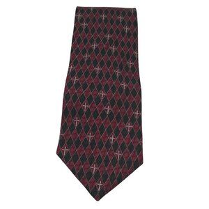 Christians Closet 100% Silk Burgundy & Black Diamond Cross Pattern Tie